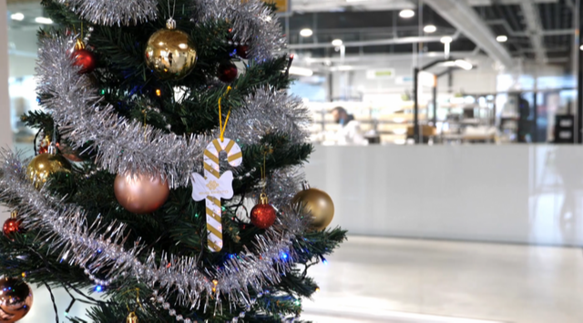 Photo du sapin de Noël EMS PROTO décoré avec des goodies en électronique. Dans le fond, on aperçoit l'usine de production. 