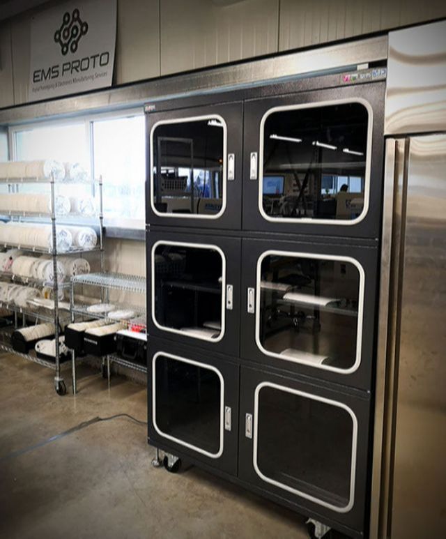 EMSPROTO dry cabinet used to store completed prototypes prior to shipment.